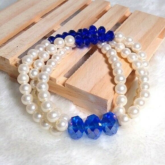 Triple Strand Pearl and Glass Crystal Bracelet - Picture 1 of 4